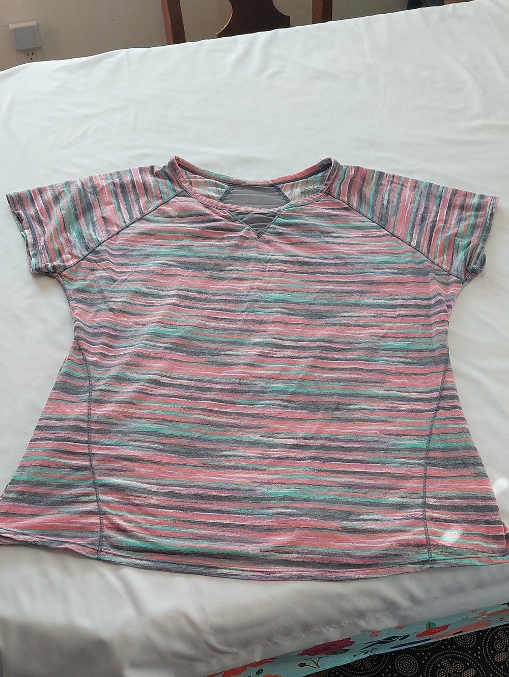 Climate Right Cuddle Duds Striped Short-Sleeve Womens Top in Coral, Mint & Gray.